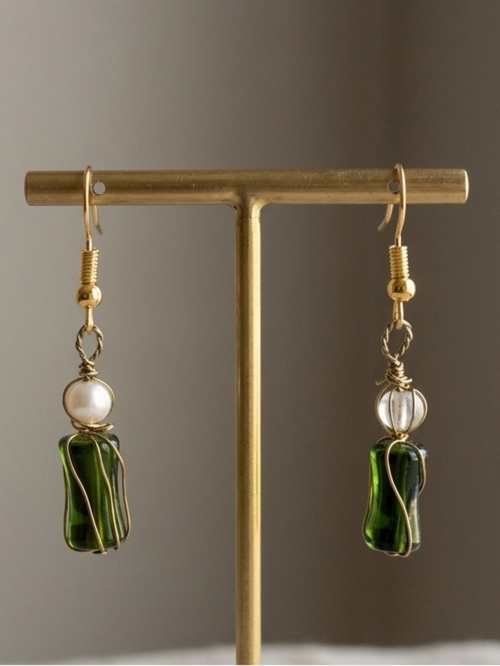 Handmade Green Glass and Pearl Drop Earrings - Gold Wire